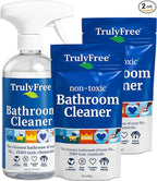 Truly Free All Natural Non-Toxic Bathroom Cleaner Spray, Organic Bath & Tile Cleaning Solution for Toilet, Sink, Tub & Shower, Refillable 2-Pack with 16oz Bottle + 2 Refill Pouches