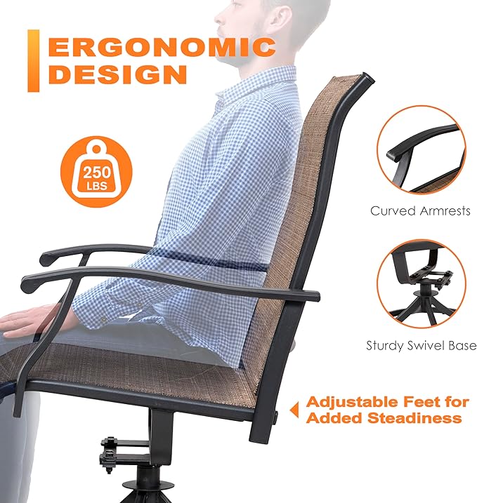 NUU GARDEN 3 Piece Outdoor Bistro Set, 2 Swivel Bistro Chairs and 20" Round Bistro Table, Patio Textilene Fabric, Powder-Coated Iron Frame, for Patio, Deck, Garden, Backyard, Black and Brown