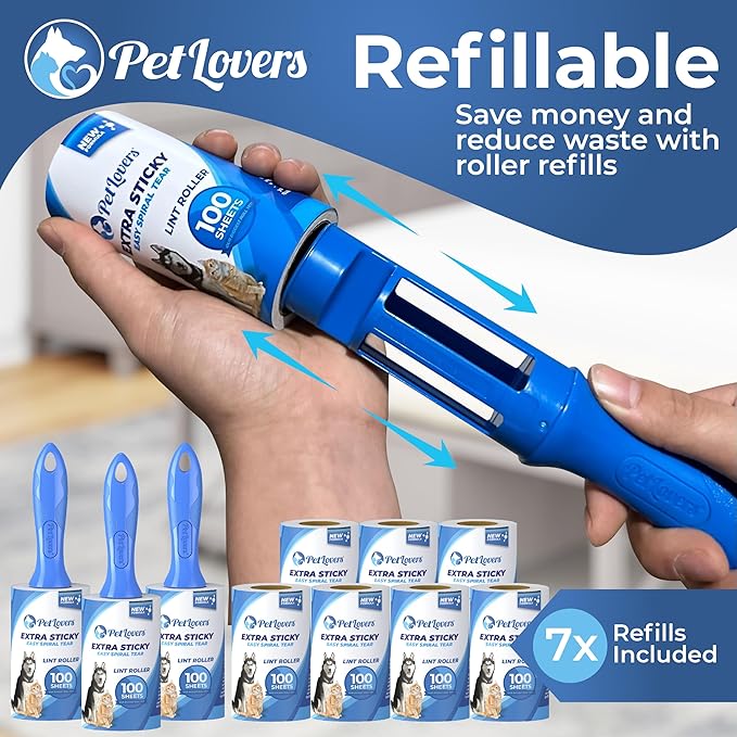 PetLovers Extra Sticky Lint Roller Mega Value Set for Pet Hair Removal, Dog and Cat Lint Remover, 10 Pack 1,000 Sheets