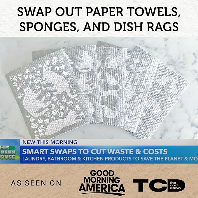 Nordhus Design Swedish Dishcloths, 5 Cat Cloths, Made in Sweden - Reusable, Washable Cellulose Cotton Kitchen Cloths - Replace Paper Towels, Wipes, Sponges, Dish Rags