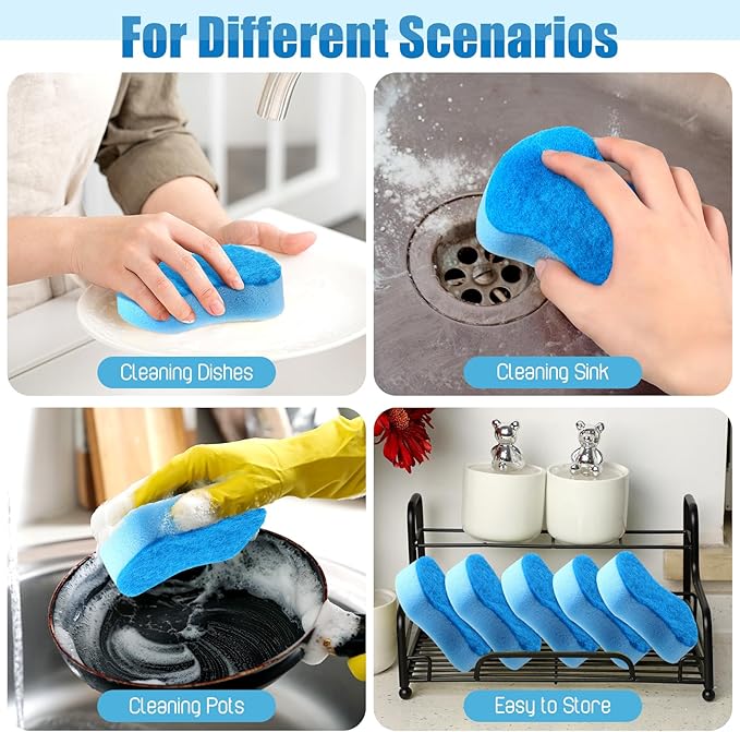 Tanlade 60 Pcs Individually Wrapped Sponges Kitchen Bulk Non Scratch Scouring Sponges for Dishes Household Cleaning Travel Apartments Hotel Car (Blue)