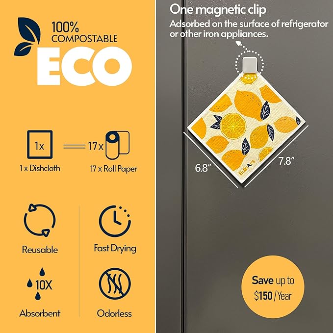 Swedish Dishcloths for Kitchen, 8 Pack Reusable Paper Towels with Clips, Non-Scratch Swedish Dish Towels, Super Absorbent Cellulose Sponge Cloths, Assorted