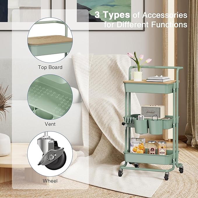 DTK 3 Tier Rolling Utility Cart with Cover Top Board, Movable Kitchen Storage Cart Trolley with Lockable Wheels, Cups, Hooks for Kitchen Bathroom Home Office Art Craft Storage(Turquoise/Green)