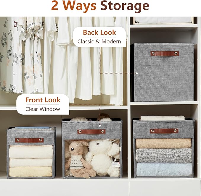 Storage Cube Organizer with Clear Window, Linen Collapsible Storage Boxes with PU Handles, Cube Storage Bins for Shelf, Closet, Cabinet, Bookcase (13x13x13, Gray)