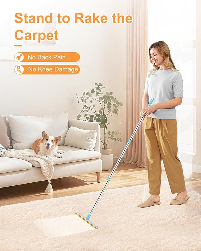 3 in 1 Carpet Rake for Pet Hair Removal Tool, 51” Adjustable Long Handle Pet Hair Removal Broom, Pet Grooming Brush, Cat Dog Hair Remover Carpet Scraper for Rugs, Mats