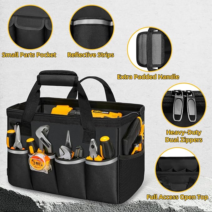 Tool Bag, Portable Tool Box Organizer Adjustable Shoulder Strap, Carry Tool Tote Heavy Duty Tool Storage Bag With Wide Mouth,Tool Bags for Men Mechanic EngineerGift - M, Black