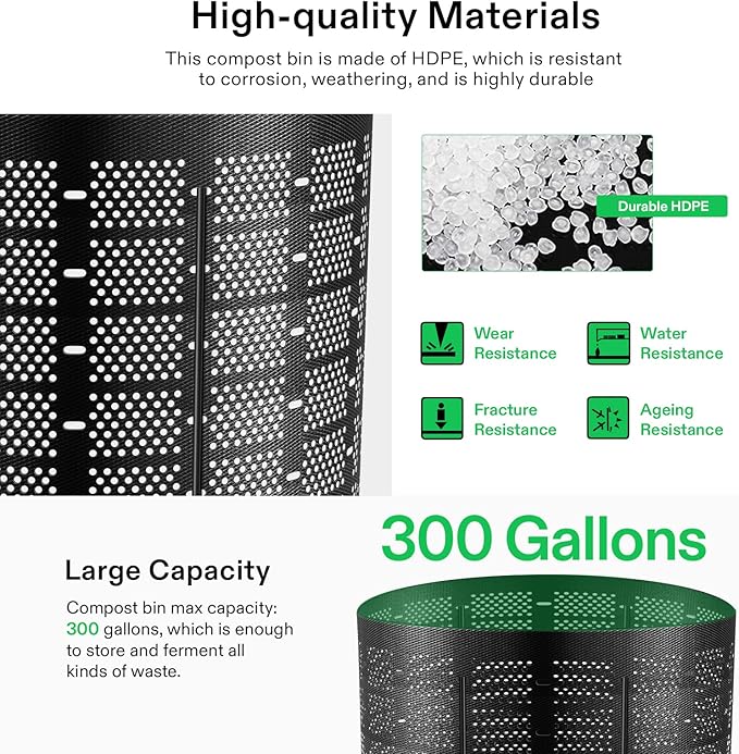 VIVOSUN 300 Gallon Outdoor Compost Bin, Expandable Composter, Easy to Setup & Large Capacity for Backyard, Lawn (Black with Gloves)