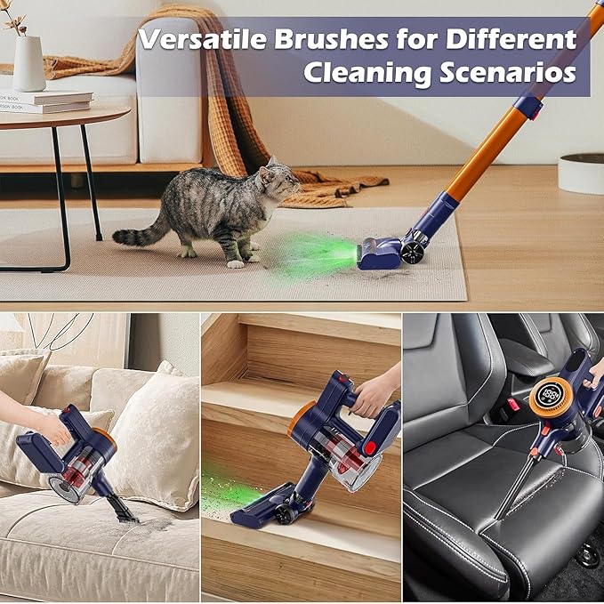 Cordless Vacuum Cleaner,35kPa Strong Suction,2200mAh Removable Battery,6 in 1 Lightweight Handheld Stick Vacuum, Anti-Tangle, for Carpets,Hard Floors,Pet Hair, Orange Gray