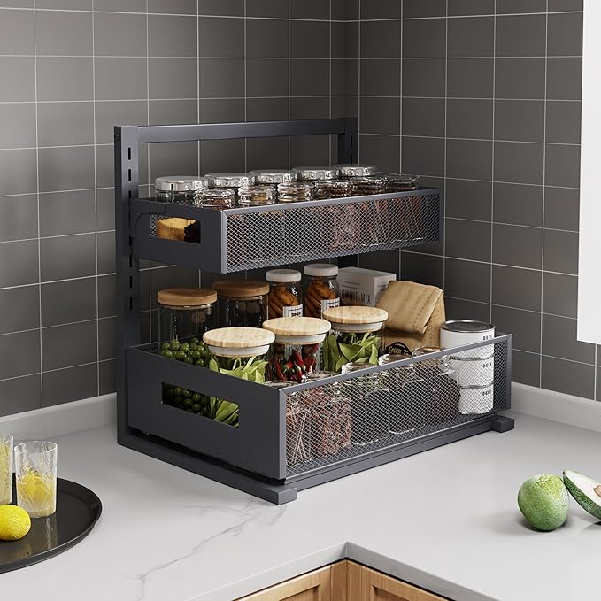 Under Sink Organizer Pull Out Cabinet Organizer Adjustable Height 2 Tier with Sliding Drawers Kitchen Bathroom Organizer and Storage(Gray-1pc)
