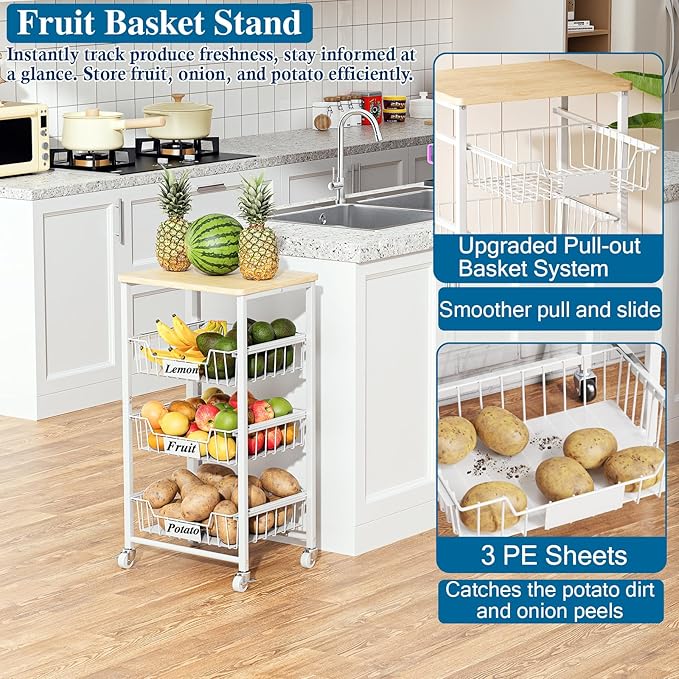 4-Tier Small Kitchen Storage Cart on Wheels with Pull-Out Drawers, Rolling Pantry and Snack Organizer Cart with Wood Top, Kitchen Floor Fruit Basket Stand for Fruit Potato Onion Veggie Snack