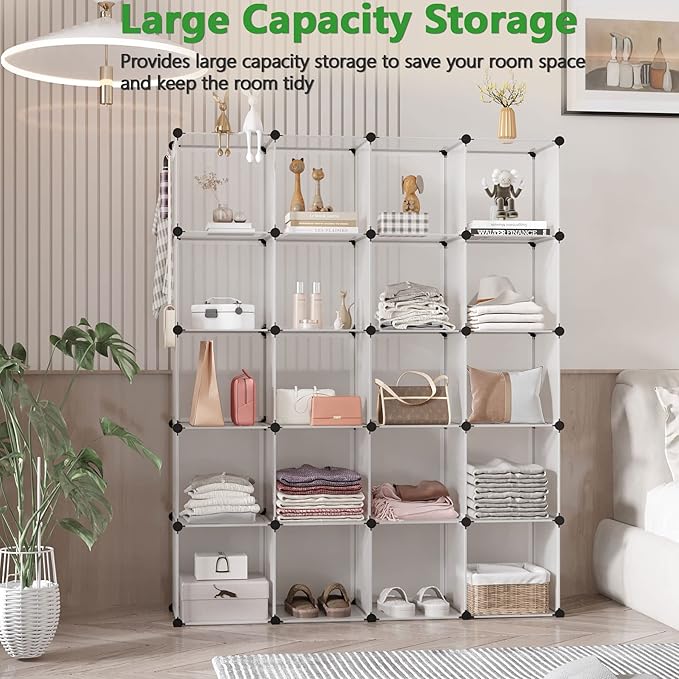 C&AHOME Cube Storage Organizer, 20-Cube Shelves Units, Closet Cabinet, DIY Plastic Modular Book Shelf, Ideal for Bedroom, Living Room, Office, 48.4" L x 12.4" W x 60.6" H Transparent White UPCS20W