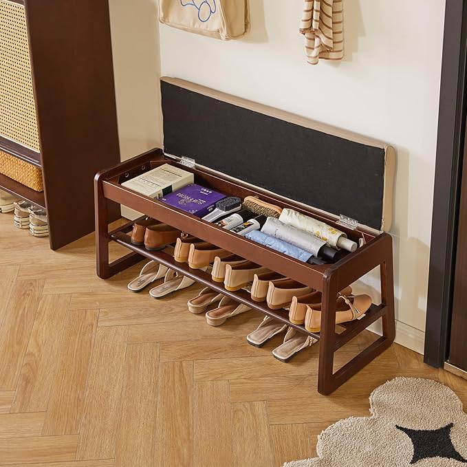 Shoe Rack Bench with Cushion, 2 Tiers Wood Shoe Bench with Flip-Top Storage,39.37in Shoe Rack for Entryway,Hallway,Walnut Color YD-WD062B