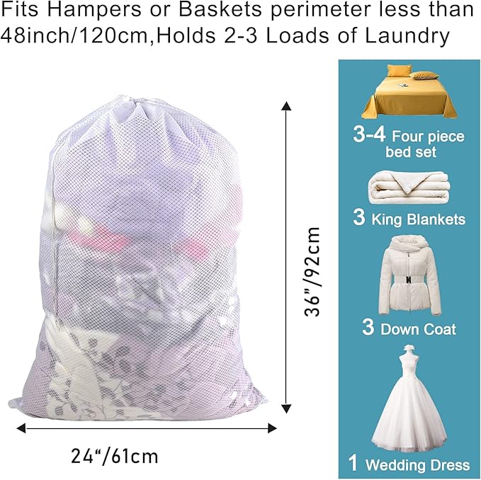Polecasa Heavy Duty Diamond Mesh Laundry Bags, 24 x 36 inches Large Mesh Laundry Bag with Drawstring Closure and ID Tag, Laundry Hamper Liner, Laundry bag for College, Travel, Sports, Dorms,White