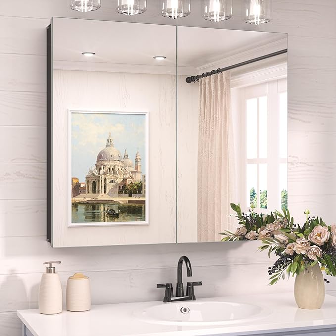 TokeShimi 30 x 26 Surface Mount Medicine Cabinet Mirror for Bathroom Black, Aluminum Recessed Medicine Cabinet Mirror with Storage with Stepless Adjustable Shelves Modern Farmhouse