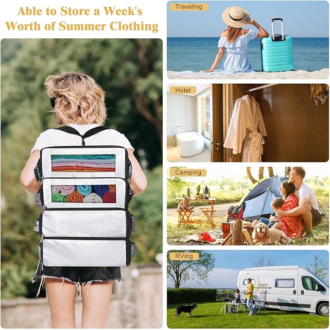 Suitcase Organizer, Carry On Closet Luggage Organizer Accessories - Foldable, Hangable Portable Hanging Travel Shelves With Shoulder Strap - Medium, White