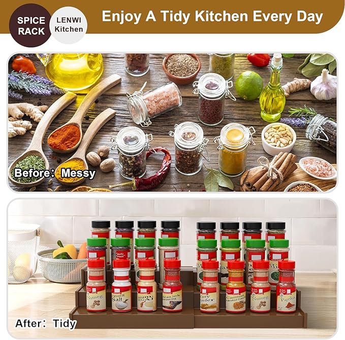 Spice Rack Organizer for Cabinet, 3 Tier Expandable Bamboo Spice Storage, Great for Kitchen Cabinet, Cupboard,Pantry and More(Brown)