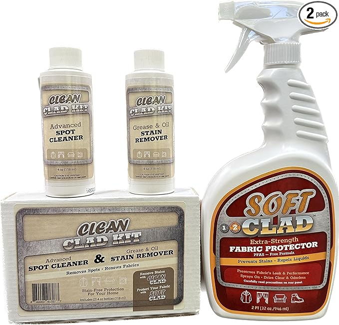 Extra Strength Fabric Protector Spray & CleanClad Spot Cleaner Kit - Guard & Remove Stains from Furniture, Carpets, Leather, and More - Set Includes 32oz Fabric Protector Spray & Two 4oz SpotCleaners