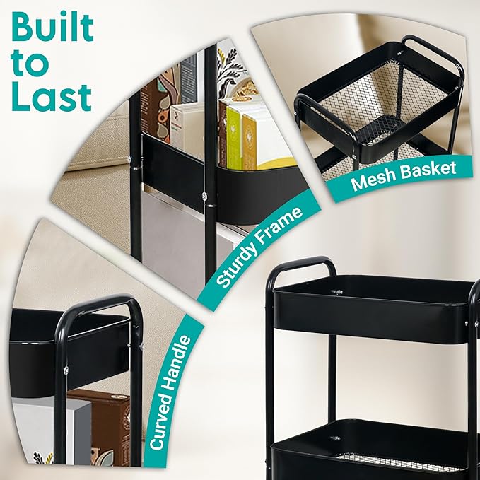 3 Tier Rolling Cart, Metal Utility Cart with 4 Hooks, Rolling Storage Cart on Wheels, Small Organizer Cart for Nursery, Kitchen, Living Room, Bathroom, Black