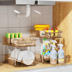 Delamu 2 Sets of 2-Tier Clear Under Sink Organizers and Storage, Multi-Purpose Stackable Bathroom Cabinet Organizers, Amber