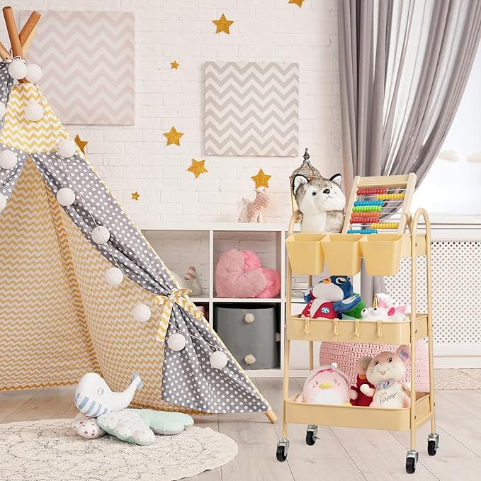 danpinera 3-Tier Rolling Cart, Metal Rolling Storage Cart with Lockable Wheels & Hanging Cups & Hooks, Mobile Trolley for Kitchen, Bathroom, Office, Workshop, Yellow