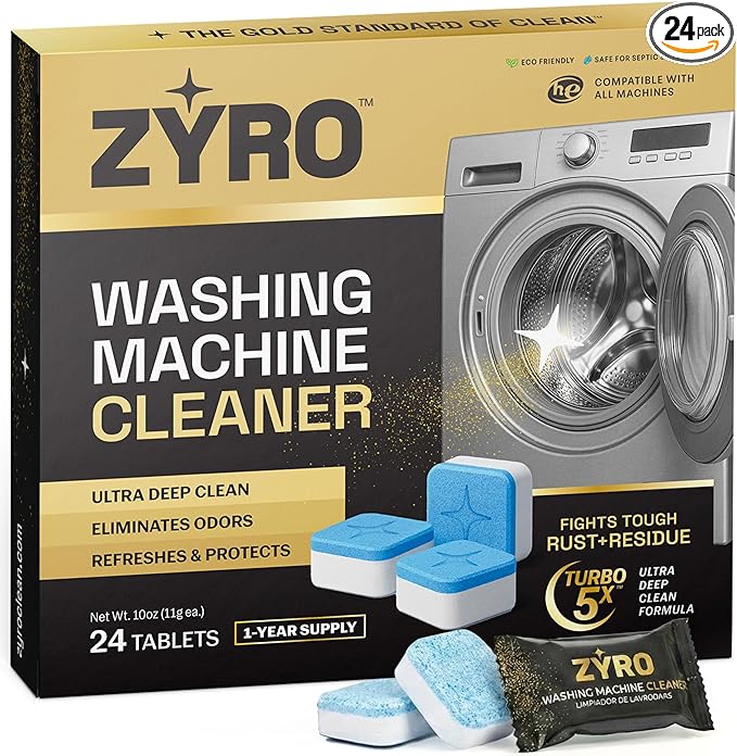 Washing Machine Cleaner Tablets | 24 Pack | Ultra Deep Clean | Eliminates Odors | Washer Cleaner Tablets for HE Front Loader & Top Load Washer | Compatible with All Machines | 1 Year Supply | Zyro