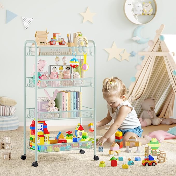 TOOLF 4-Tier Rolling Cart, Metal Utility Cart with 3 Hooks, Easy Assemble Mobile Storage Trolley On Wheels, Metal Shelving Units Kitchen Bathroom Laundry Room