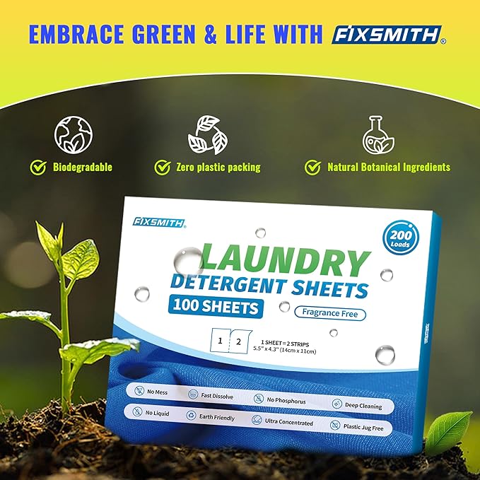 FIXSMITH Laundry Detergent Sheets - 200 Loads (100 Sheets) Fragrance Free - Hypoallergenic,Unscented,Eco Friendly Laundry Detergent Strips Concentrated Travel Detergent Sheets.Plastic-Free,Liquidless