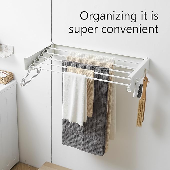 Clothes Drying Rack,Laundry Hanging Rack Collapsible,Wall Mounted Drying Rack for Laundry,Foldable Drying Rack Indoor Outdoor,31.5" Wide,5 Aluminum Rods with Hooks, 60 lb Capacity (White 31.5" Hooks)