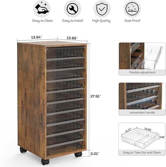 WOPITUES Plastic Storage Drawer Cart, Makeup Organizer and Storage with 10 Large Clear Drawers, Utility Wooden Rolling Cart on Wheels, for Cosmetic, Art Craft, Parts, Office Supplies, Toy, Brown