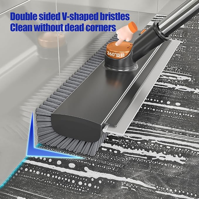Floor Scrubbing Brush with Squeegee,2 in 1 Grout Brush with 54" Adjustable Long Handle,V-Shape Stiff Brush Bristle,360°Rotation,Bathroom Cleaning Brush for Tile,Deck,Garage,Kitchen,Swimming Pool,Grey