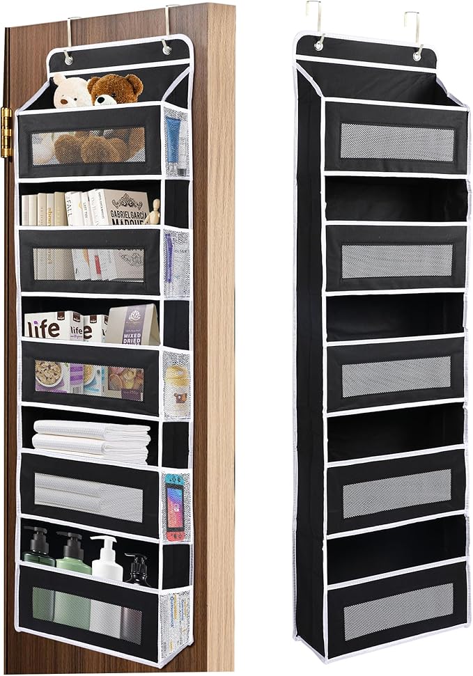 Over the Door Organizer Storage, 5 Shelf Storage with Large Pockets, Anti Tilt 44 lbs Heavy Duty Behind Door Organizer with Clear Window for Bedroom, Pantry, Bathroom, Nursery(Black)
