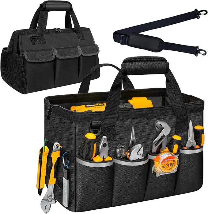 Tool Bag, Portable Tool Box Organizer Adjustable Shoulder Strap, Carry Tool Tote Heavy Duty Tool Storage Bag With Wide Mouth,Tool Bags for Men Mechanic EngineerGift - M, Black