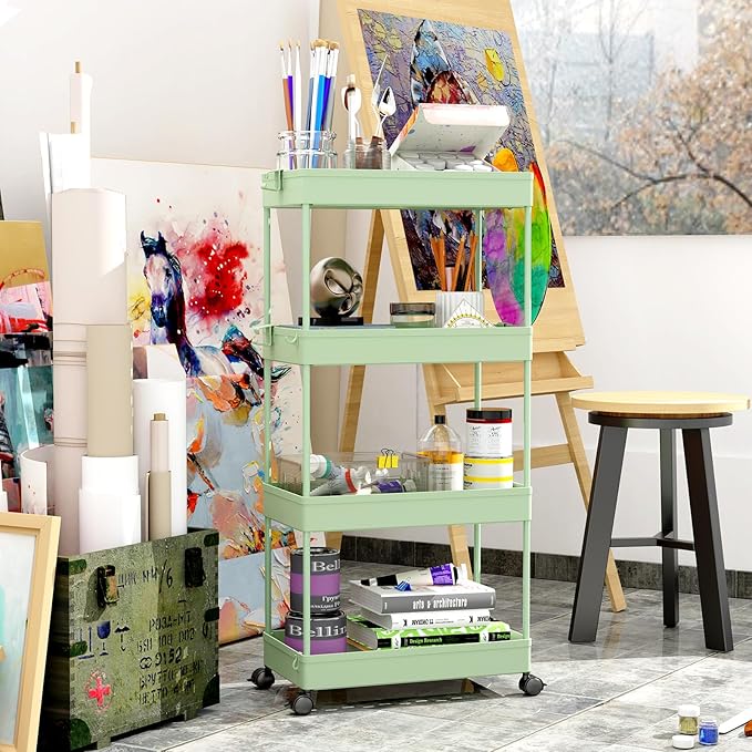 SPACEKEEPER Storage Cart 4-Tier, Bathroom Rolling Cart Utility Storage Organizer Shelf Mobile Shelving Unit for Kitchen Living Room Bathroom Laundry Room & Dressers, Green