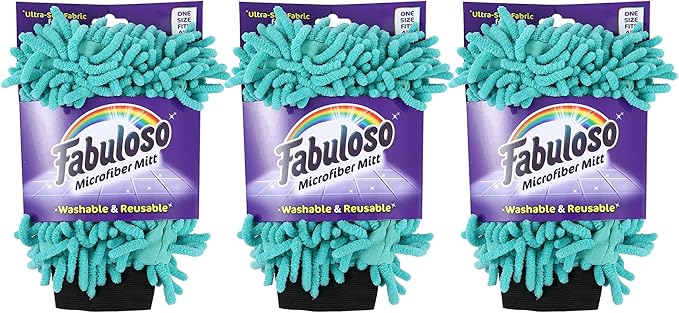 Fabuloso Microfiber Cleaning Mitt, Teal, One Size Fits All - Lint-Free, Scratch-Free Glove for Surfaces and Furniture - Dustless Hand Cloth for Bold & Bright Experience, 3 Count