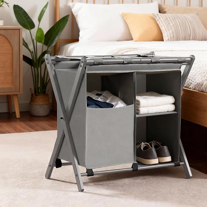 Heybly Luggage Rack with Laundry Bag,Pack of 2,Steel Folding Suitcase Stand with Storage Shelf for Bedroom, Hotel, Foldable Steel Frame, Gray,HLR006G2