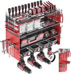 Power Tool Organizer Wall Mount, 4 Layers Tool Storage Rack with 2 Side Red Pegboards, 4 Drill Bit Rack,Heavy Duty Metal Garage Tool Shelf Organize for Workshop Garage Tool Room