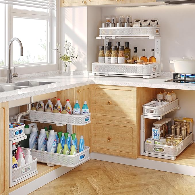 2 Pack 19.3IN-Depth Under Sink Organizer with Smooth Cylindrical Rail,2-Tier Pull Out Multi-Purpose Cabinet Storage for Bathroom&Kitchen,Height Adjustable,Rust-Resistant Coating-White