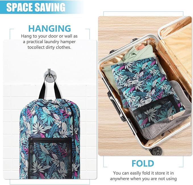 Green Leaf Portable Laundry Bag Backpack with Adjustable Straps & Drawstring Closure, Mesh Pocket - Ideal for College, Apartment, Camping