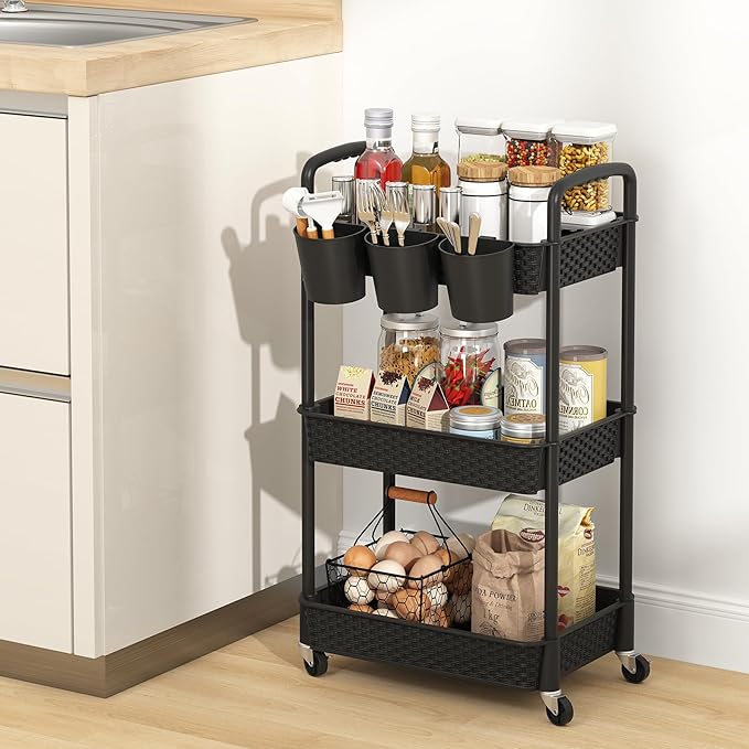 MOYIPIN 3-Tier Plastic Rolling Utility Cart with Handle,Utility Storage Cart for Office, Living Room, Kitchen,Movable Storage Organizer Shelves,Black with 3 Hanging Cups