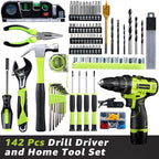 Cordless Drill: 12V Power Drill Set with Lithium Battery, 142Pcs Electric Tools Set with 3/8"Keyless Chuck, Portable Household Basic Tool Kit with Tool Box for Home, Green