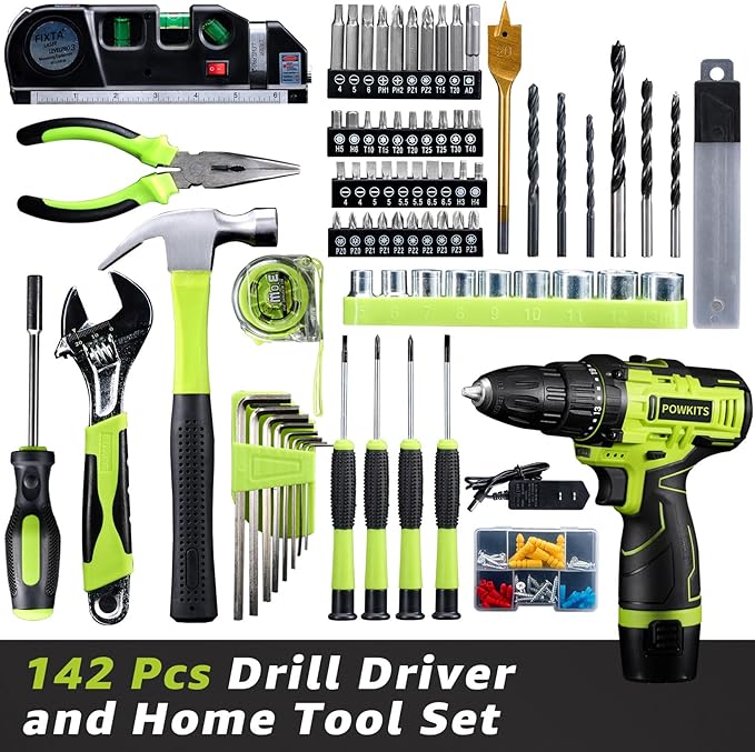 Cordless Drill: 12V Power Drill Set with Lithium Battery, 142-Piece Electric Tools Set with 3/8" Keyless Chuck, Portable Household Basic Tool Kit with Tool Box & Laser Level for Home, Green