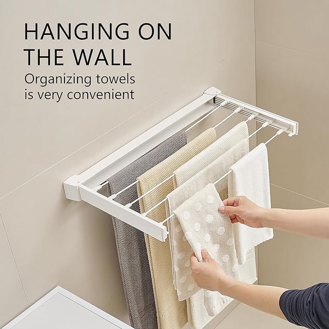 JOOM Laundry Drying Rack Collapsible, Wall Mounted Drying Rack, Clothes Drying Rack, Retractable Drying Racks, 27.5" Wide, 5 Aluminum Rods, 60 lb Capacity (White 27.5")