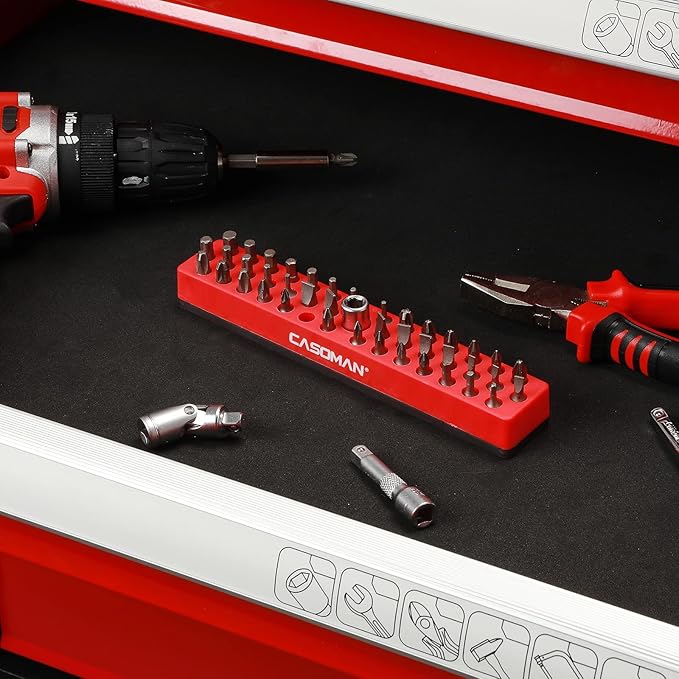 CASOMAN 1/4" Hex Bit Organizer with Magnetic Base - Red, 43 Hole Bit Organizer with Strong Magnetic Base, Magnetic Bit Organizer for Your Specialty