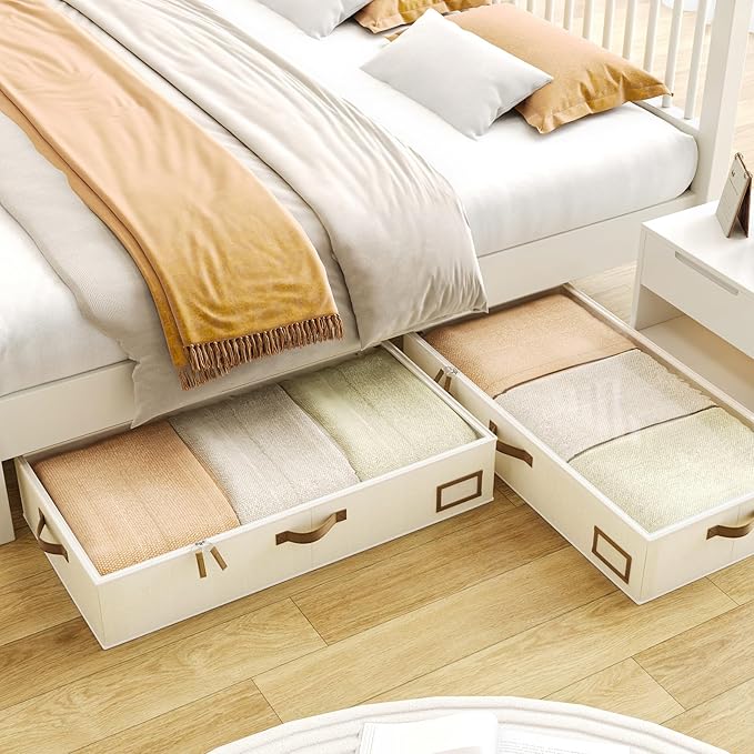 Under Bed Storage, Under Bed Storage Containers Bins for Clothes, Large Linen Underbed Closet Organization Bins, 2 Pack Collapsible Underbed Bin Dorm for Clothes, Sweater, Beige