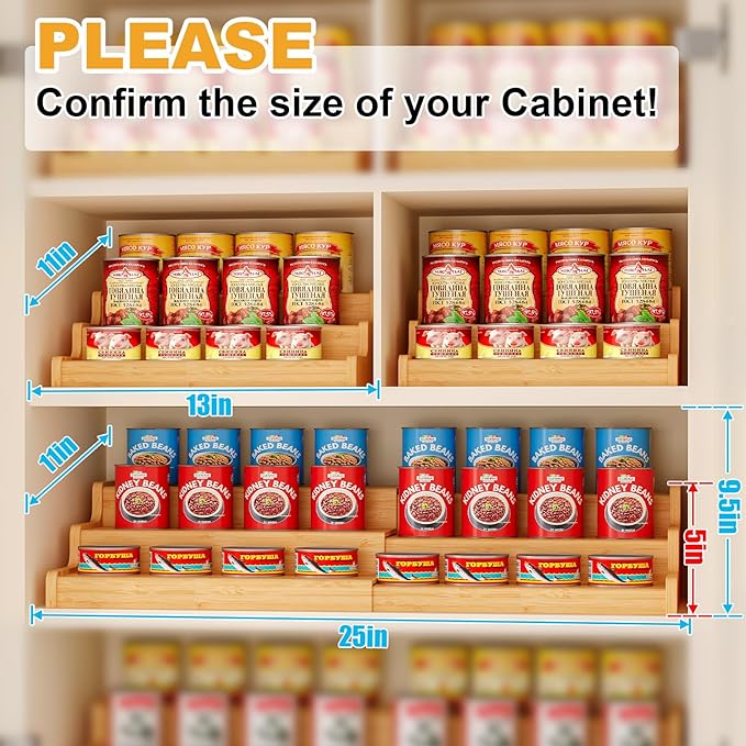 Expandable Bamboo Can Rack Organizer for Pantry, 3-Tier Adjustable Can Storage Holder, Soda Organizer Holds Up to 24 Cans, Canned goods Storage Display for Pantry, Cabinet, Countertop (patent pending)