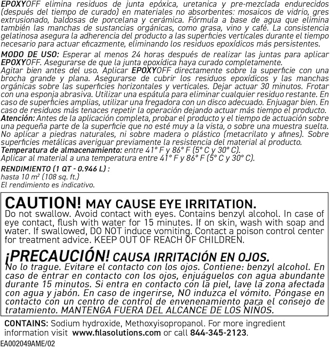 FILA EPOXYOFF, Epoxy Grout Haze Remover, Effectively Removes Epoxy Residue, The Product Can Be Applied on Vertical Surfaces, 1 QT