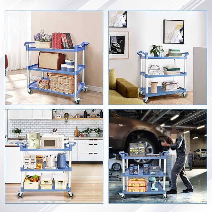 AQNIEGEP Utility Carts with Wheels, Large Food Kitchen Cart Heavy Duty, Rolling Service Cart w/Hammer for Restaurant, Office, Commercial, 600lbs Capacity, Lockable Wheels, 3-Tier