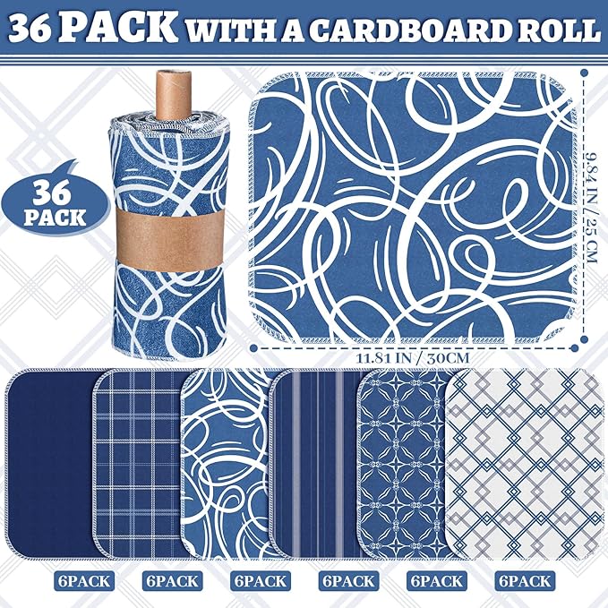 36 Count Reusable Cleaning Cloths Washable Cotton Kitchen Towels for Home(Geometric Style,Blue)