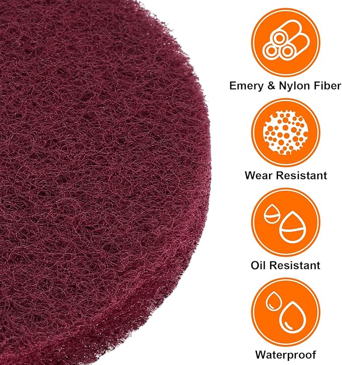 HARFINGTON 12pcs Scrubber Scouring Pads 500 Grits 5 Inch Drill Power Brush Hoop and Loop Surface Conditioning Disc Drill Scuffing Disc Scrub Pads for Home Kitchen Cleaning, Dark Red