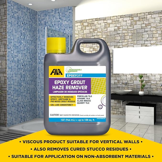 FILA EPOXYOFF, Epoxy Grout Haze Remover, Effectively Removes Epoxy Residue, The Product Can Be Applied on Vertical Surfaces, 1 QT